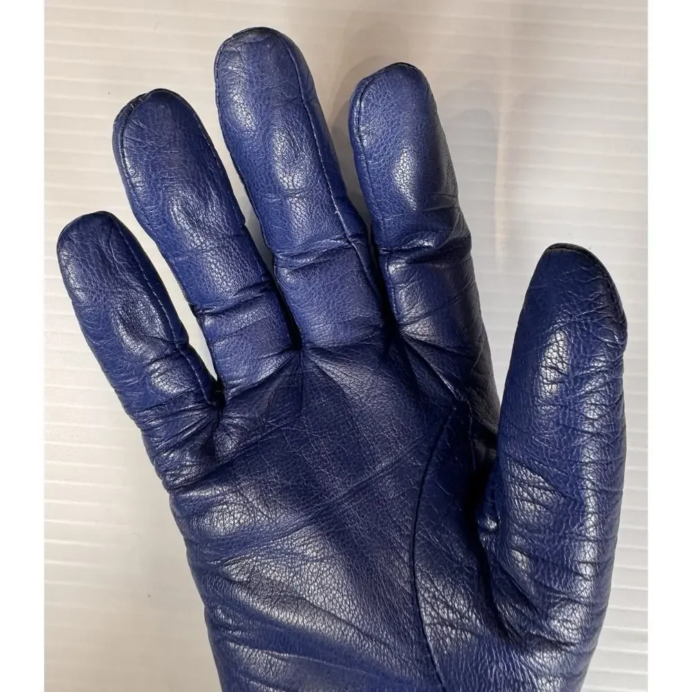 Lauren Ralph Lauren Blue Leather Gloves Womens L Gold Crest Buttons Lined